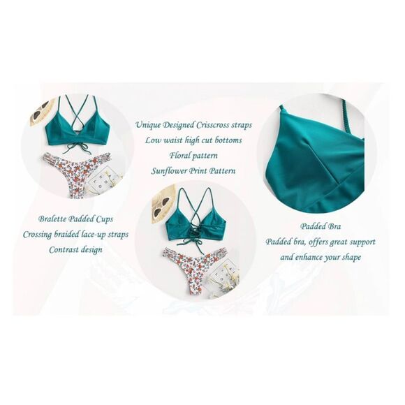 ZAFUL Women's Floral Print High Cut Crossback Lace-Up Bikini - Picture 10 of 17